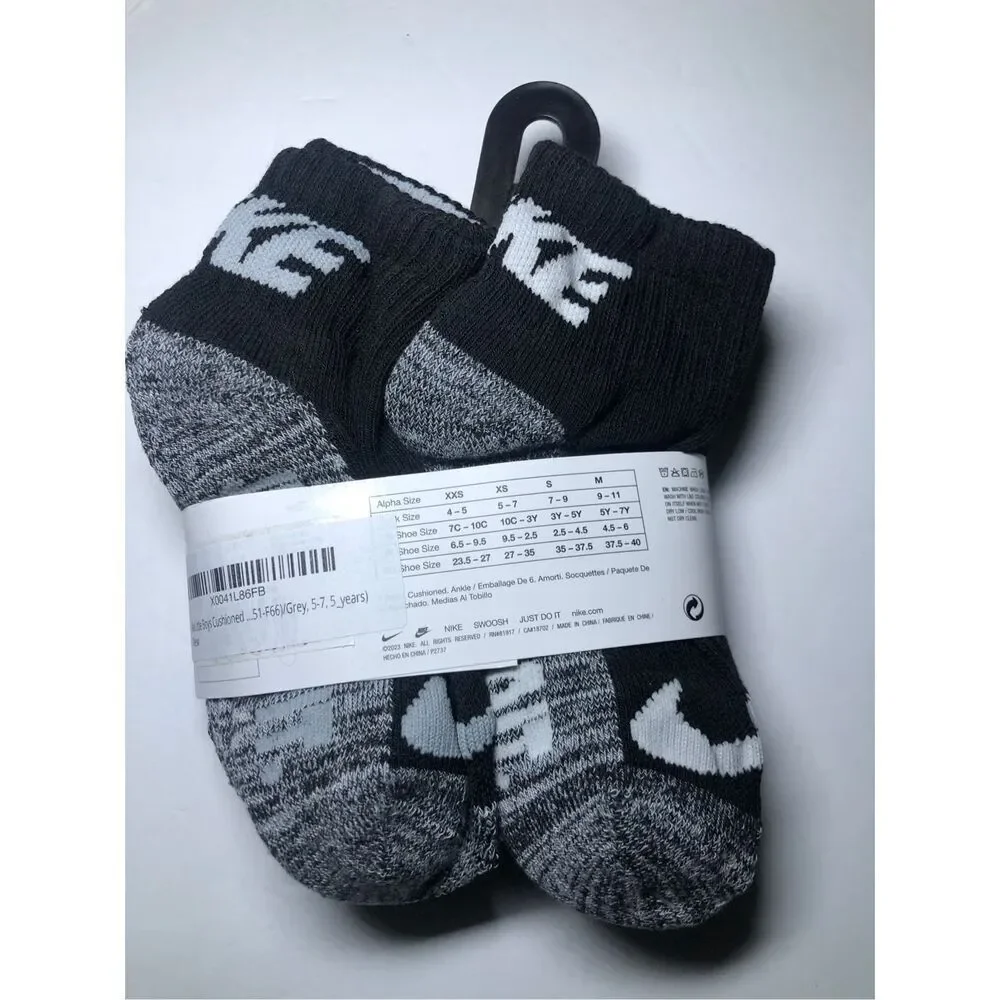 Nike Kids Cushioned Ankle Socks Size 5-7/ Shoe 10C-3Y  6 pack